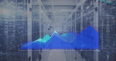 Animation of data processing and diagram over server room. Global business and digital interface concept digitally generated video.