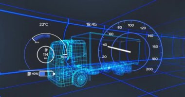 Animation of car interface over digital truck on black background. Global transport, travel and digital interface concept digitally generated video.