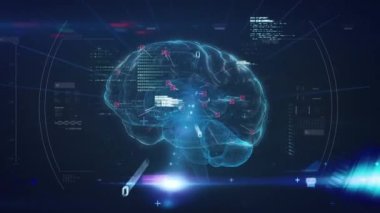 Animation of data processing and light spot over human brain icon spinning against blue background. Medical research and business technology concept