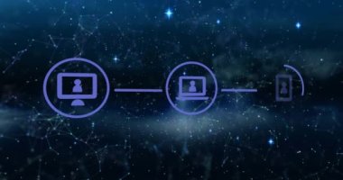 Animation of network of digital icons against shining star in space. Global networking and business technology concept