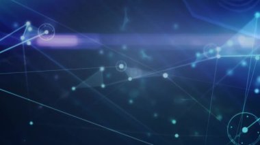 Animation of network of connections and light trails against blue background. Global networking and business technology concept