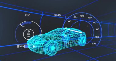 Animation of car interface over digital car on black background. Global transport, travel and digital interface concept digitally generated video.