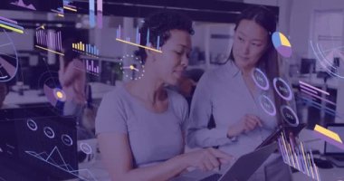 Animation of financial data processing over diverse business people. Global business, finances, computing and data processing concept digitally generated video.