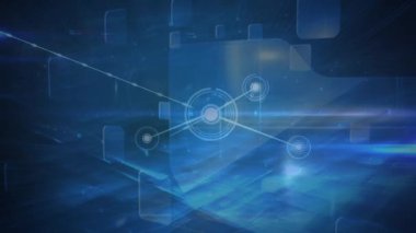 Animation of network of connections over square shape pattern and light trails on blue background. Global networking and business technology concept