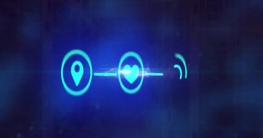 Mavi arkaplan üzerinde medya simgelerinin canlandırılması. küresel iş ve dijital arayüz kavramı dijital olarak oluşturulmuş video.