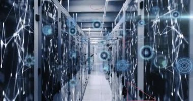 Animation of round scanners and data processing against network of connections over server room. Computer interface and business data storage technology concept