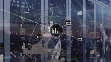 Animation of network of digital icons, data processing and plexus networks against server room. Global networking and business data storage technology concept