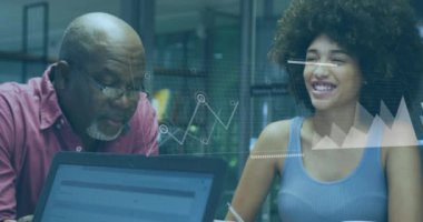 Animation of financial data processing over diverse business people. Global business, finances, computing and data processing concept digitally generated video.