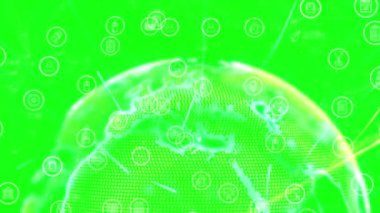 Animation of icons over globe on green background. Global technology, computing and digital interface concept digitally generated video.