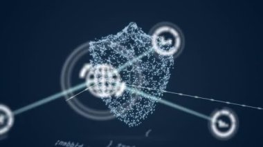 Güvenlik kalkanı üzerindeki simgelerle bağlantı ağının animasyonu. küresel bağlantılar, dijital arayüz ve teknoloji konsepti dijital olarak oluşturulmuş video.