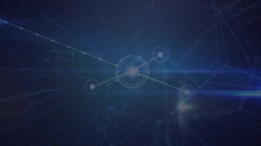Animation of network of connections and light trails against blue background. Global networking and business technology concept