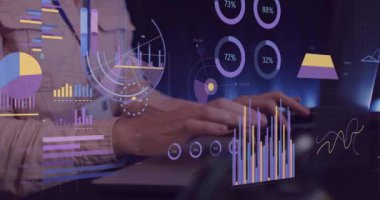 Animation of financial data processing over businesswoman using computer. Global business, finances, computing and data processing concept digitally generated video.