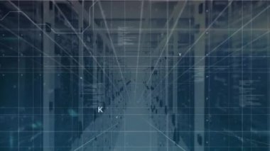 Animation of interface with data processing against computer server room. Computer interface and business data storage technology concept