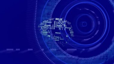 Animation of business concept forming a brain shape against round scanner and data processing. Business technology concept