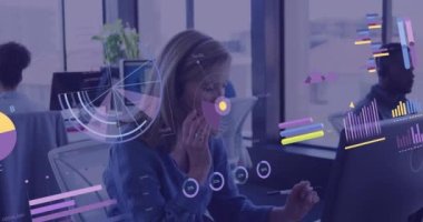 Animation of financial data processing over diverse business people. Global business, finances, computing and data processing concept digitally generated video.