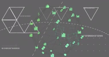 Animation of media icons and shapes over data processing and network of connections. Global business and digital interface concept digitally generated video.