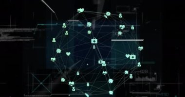 Animation of globe of connections with icons and data processing on black background. Global connections, computing and digital interface concept digitally generated video.