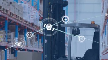 Animation of network of digital icons against close up of forklift machine at warehouse. Global networking and logistics business technology concept