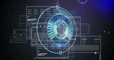 Animation of neon round scanner over interface with data processing and glowing light spot. Computer interface and business technology concept