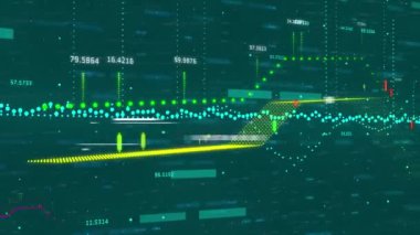 Animation of moving abstract pattern over multiple graphs with numbers on abstract background. Digitally generated, hologram, report, business, illustration, digit and technology concept.