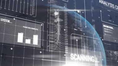 Animation of financial data processing and globe on black background. Global business, finances and digital interface concept digitally generated video.
