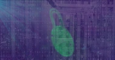 Animation of padlock icon over data processing and server room. Global business and digital interface concept digitally generated video.