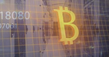 Animation of data processing and bitcoin over server room. Global business and digital interface concept digitally generated video.