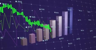 Animation of statistics and financial data processing over grid. Global business, finances, computing and data processing concept digitally generated video.