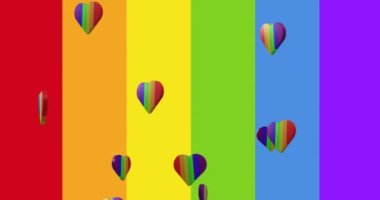 Animation of rainbow hearts spinning and rainbow stripes. Pride, lgbt and equality concept digitally generated video.