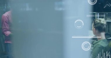 Animation of financial data processing over diverse business people. Global business, finances, computing and data processing concept digitally generated video.