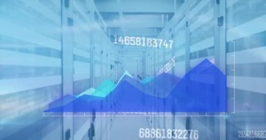 Animation of data processing and white lines over server room. Global business and digital interface concept digitally generated video.
