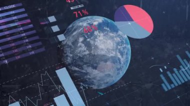 Animation of financial data processing and globe on black background. Global business, finances and digital interface concept digitally generated video.