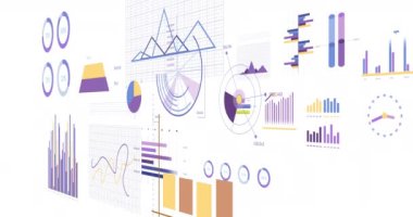 Animation of statistics and financial data processing over white background. Global business, finances, computing and data processing concept digitally generated video.
