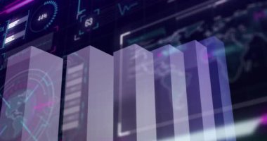 Animation of statistics and financial data processing over screen. Global business, finances, computing and data processing concept digitally generated video.