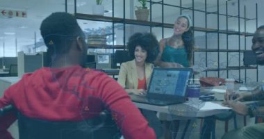 Animation of financial data processing over diverse business people. Global business, finances, computing and data processing concept digitally generated video.