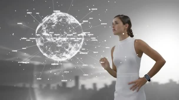 Animation Globe Texts Caucasian Woman Cityscape Global Technology Computing Digital — Αρχείο Βίντεο