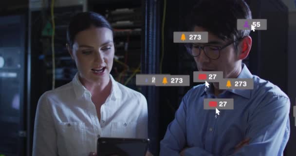 Animation Social Media Icons Numbers Diverse Technicians Computer Server Global — Vídeo de stock