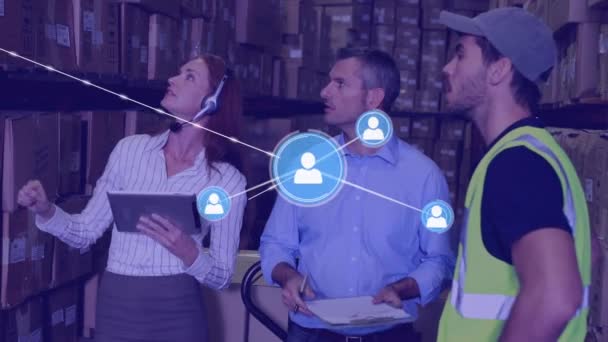 Animation Network Connections Icons Diverse Workers Warehouse Global Delivery Connections — Stockvideo