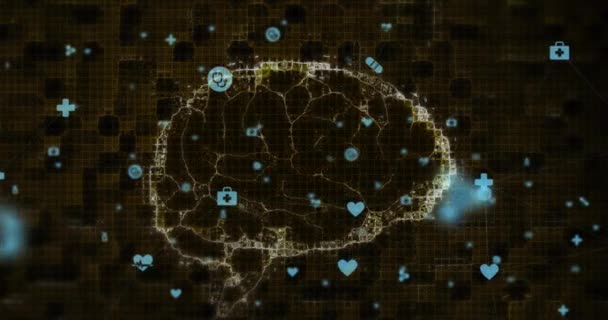 Animacja Sieci Ikon Medycznych Nad Wirującym Ludzkim Mózgiem Czarnym Tle — Wideo stockowe