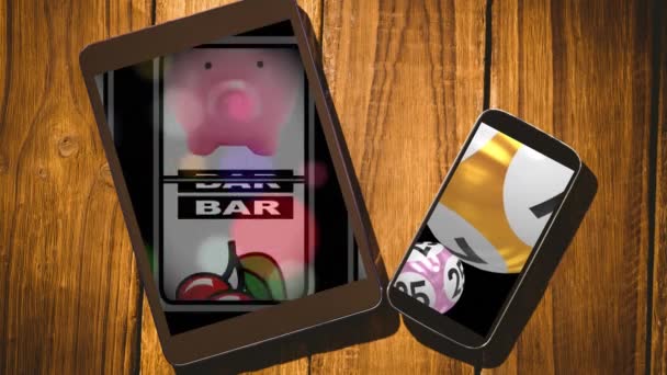 Animation Fruit Machine Lottery Balls Tablet Smartphone Wooden Background Gaming — Stock videók