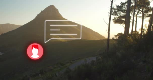 Animation Neon Profile Message Icon Landscape Mountains Forest Social Media — стоковое видео