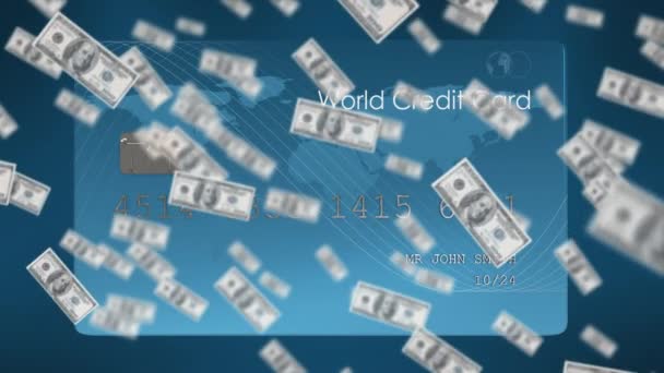 Animation Dollar Bills Falling Blue Credit Card Dark Blue Background — Wideo stockowe