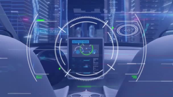Анимация Эффекта Сбоя Сканирования Прицела Кабине Самоуправляемого Автомобиля Городе Компьютерный — стоковое видео
