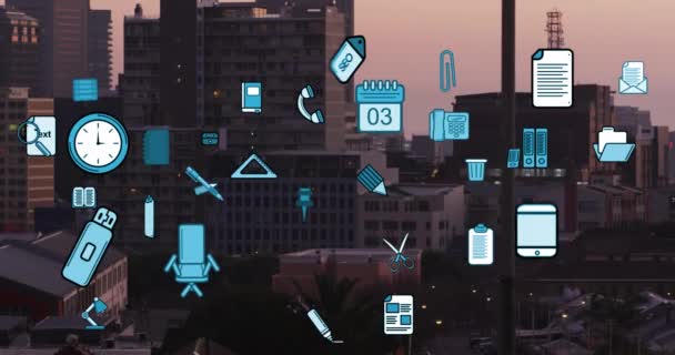 비즈니스 개념의 애니메이션 디지털 아이콘들은 경관을 컴퓨터 인터페이스 비즈니스 — 비디오