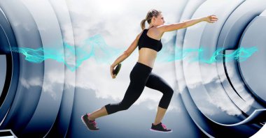 Composition of female athlete throwing discus against blue trails and circles. sport, fitness and active lifestyle concept digitally generated image.