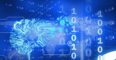 Composition of binary coding over computer circuit board and world map. global online security, connections and digital interface concept digitally generated image.