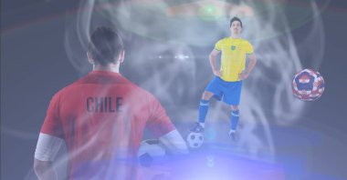 Composition of chilean and brazilian football player with football. sports and competition concept digitally generated image.