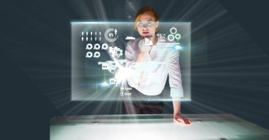 Composition of caucasian businesswoman looking at screen with data processing. global business, technology and digital interface concept digitally generated image.