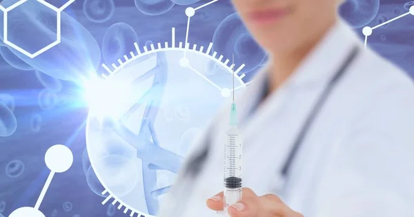 Composition of female doctor holding syringe with dna strand and medical data processing. global medicine, health and technology digital interface concept digitally generated image.
