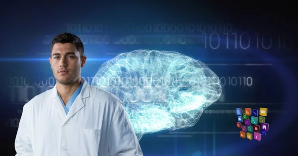 Composition on male doctor over screen with digital human brain and binary coding processing. global medicine, science, research and technology digital interface concept digitally generated image.